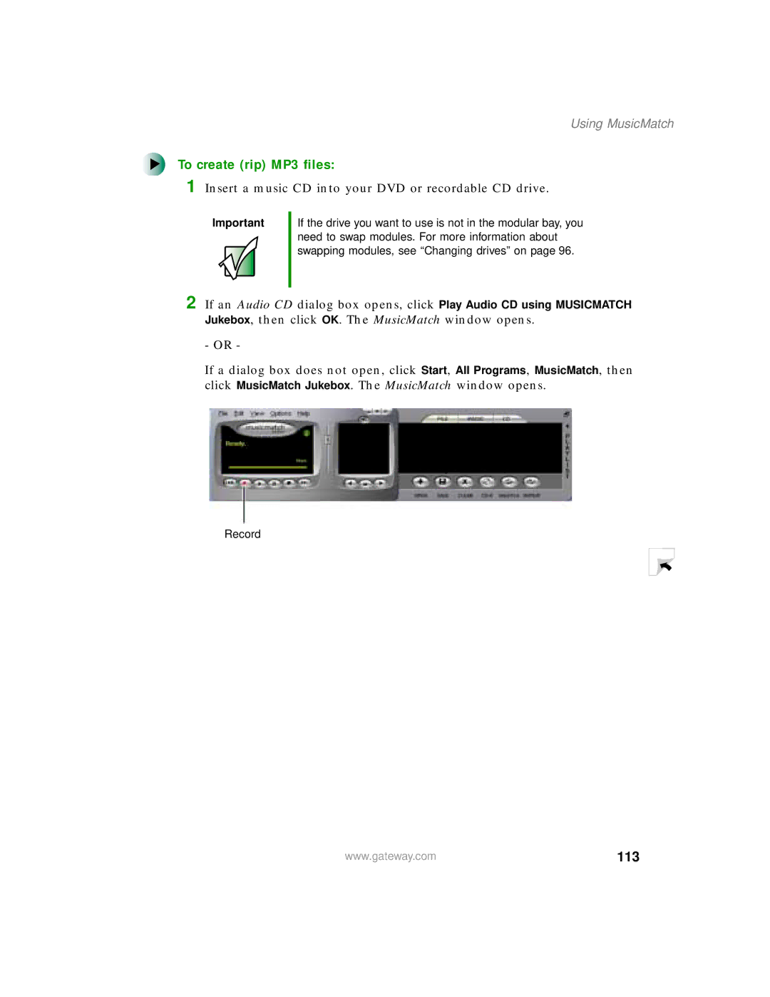 Gateway 200 manual To create rip MP3 files, 113 