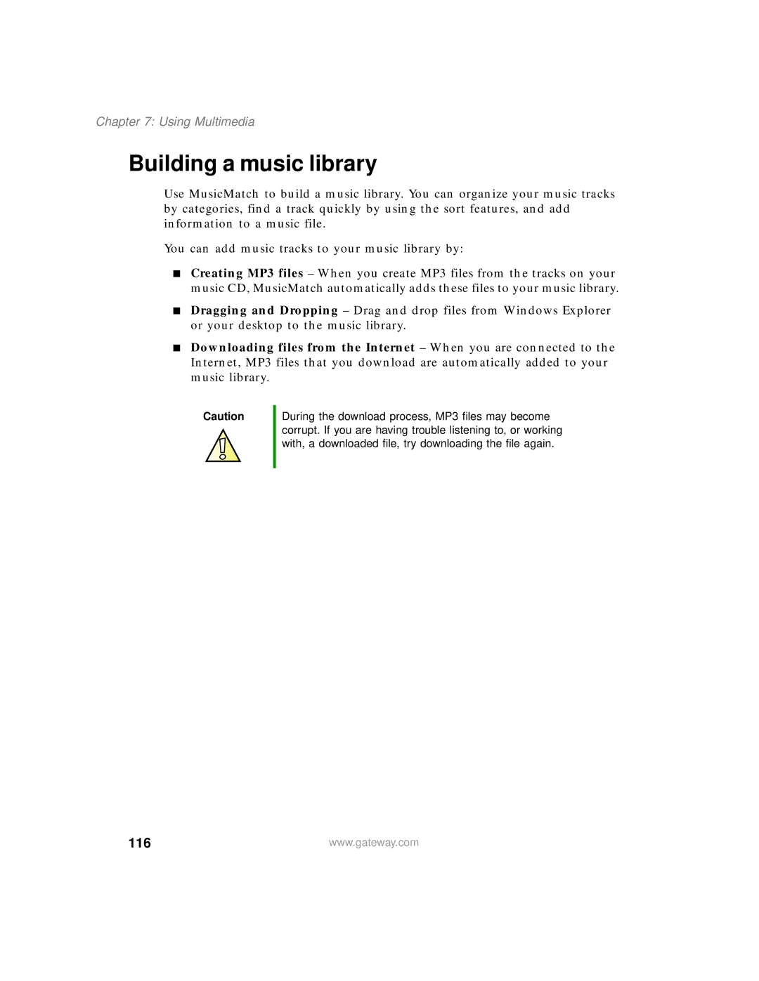 Gateway 200 manual Building a music library, 116 