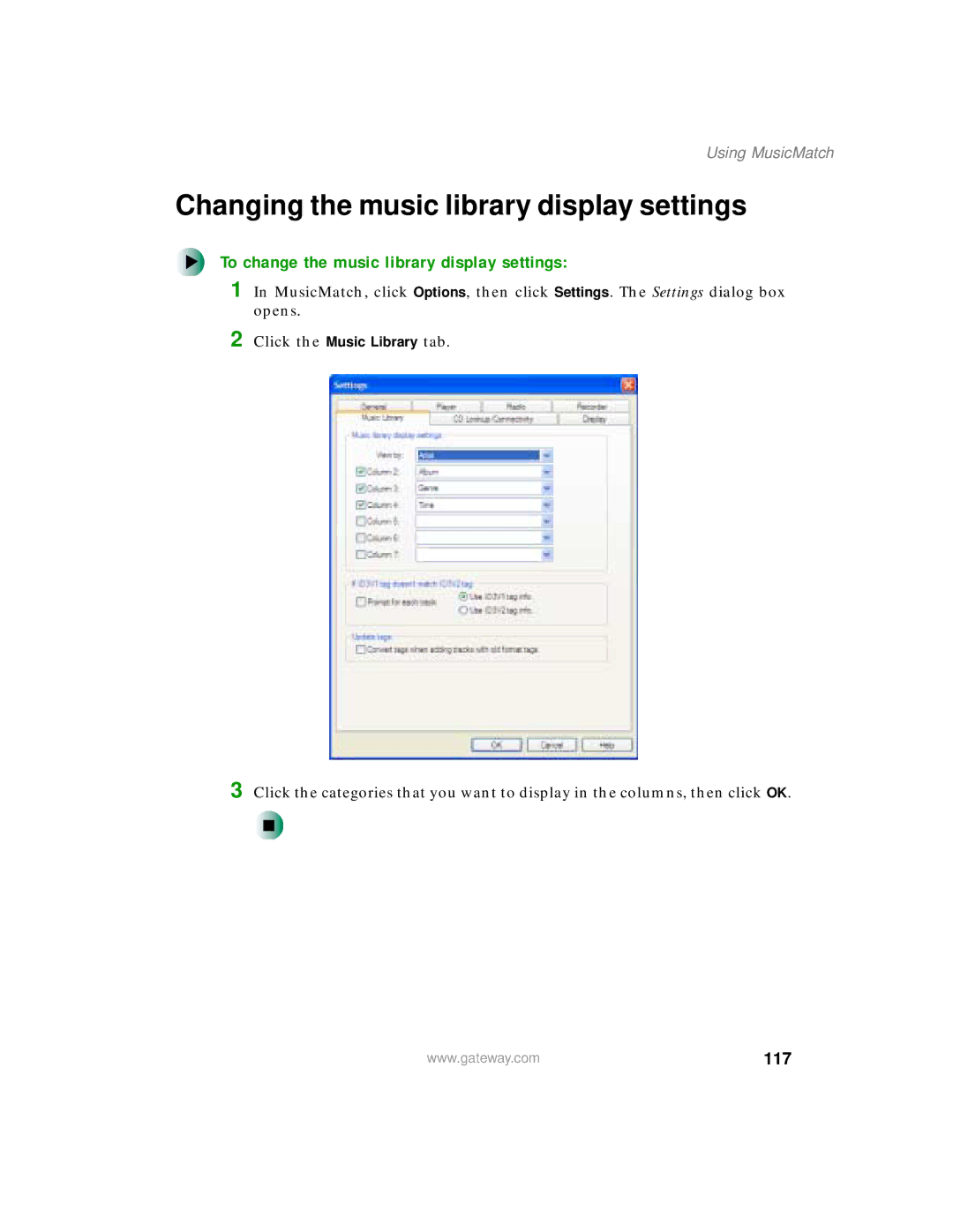 Gateway 200 manual Changing the music library display settings, To change the music library display settings, 117 