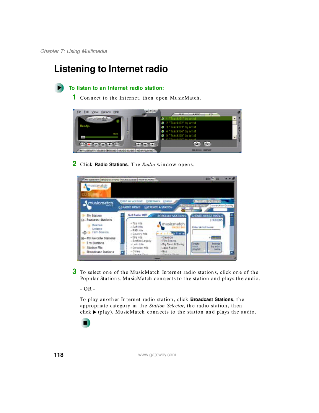 Gateway 200 manual Listening to Internet radio, To listen to an Internet radio station, 118 