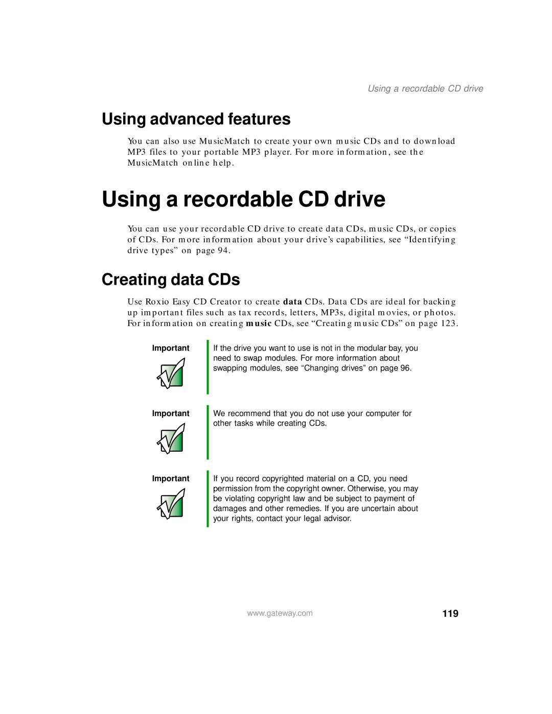 Gateway 200 manual Using a recordable CD drive, Using advanced features, Creating data CDs, 119 