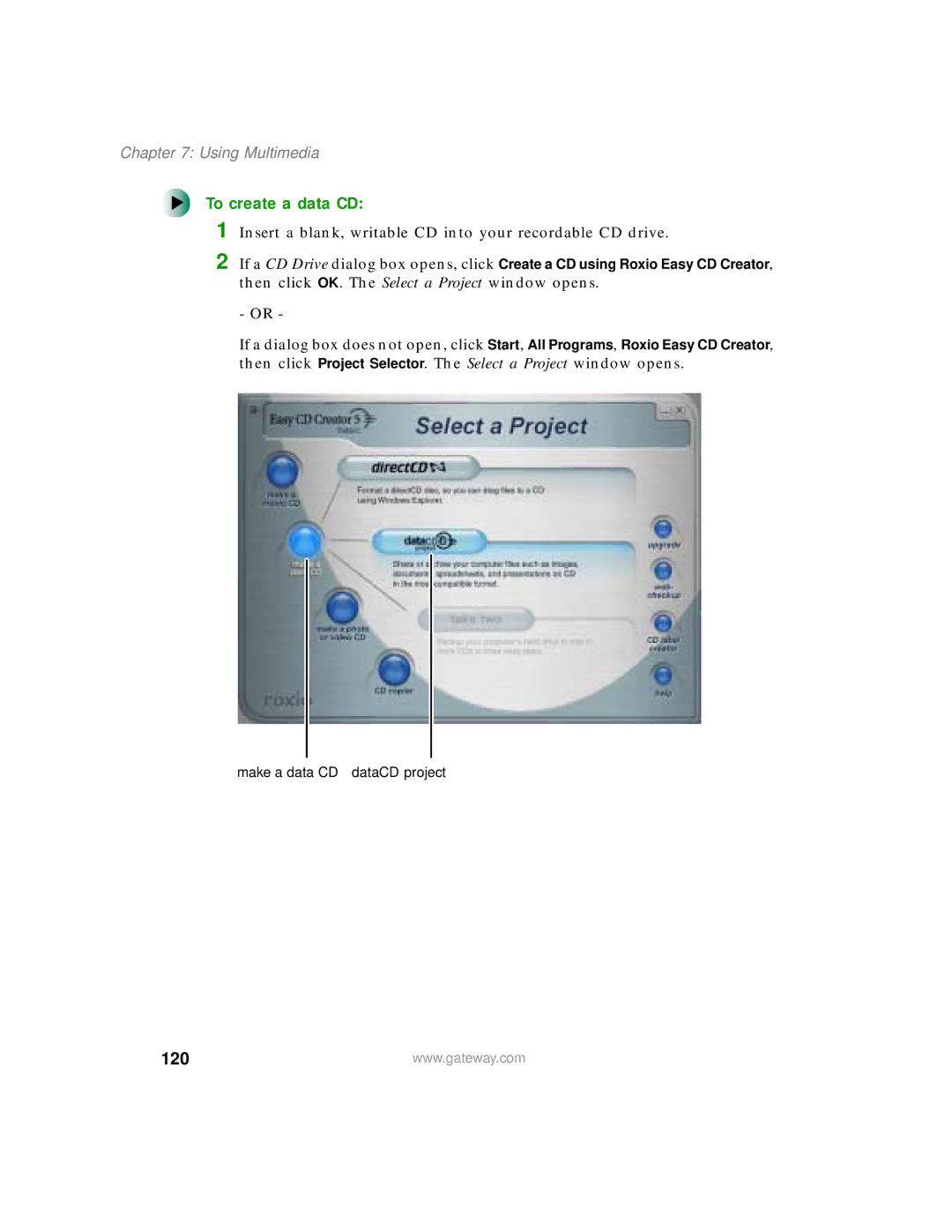 Gateway 200 manual To create a data CD, 120 