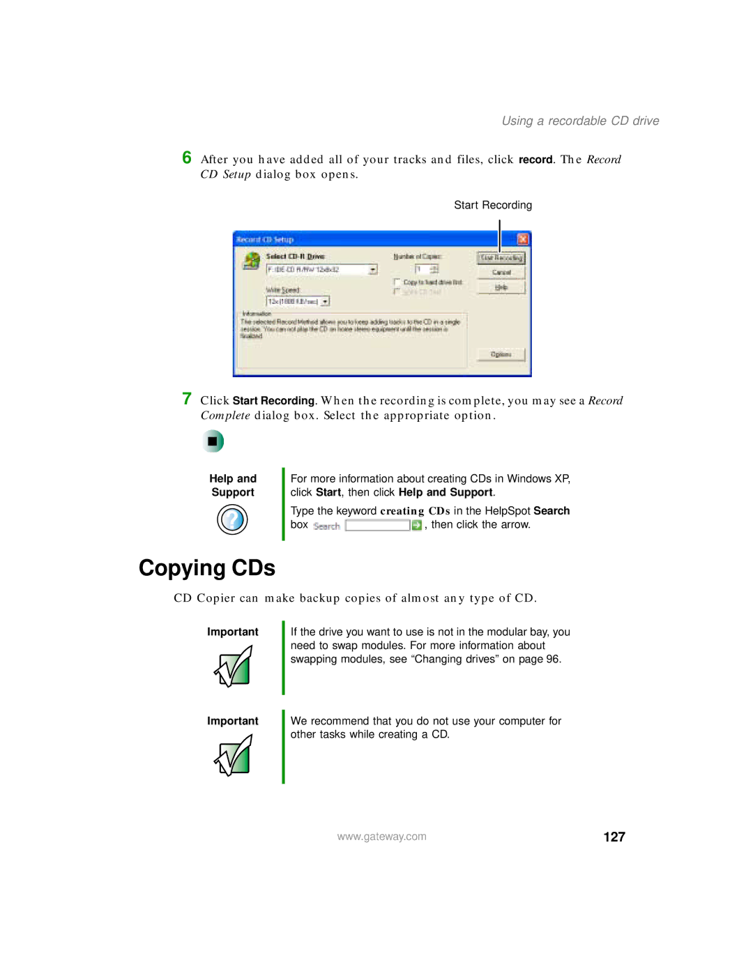 Gateway 200 manual Copying CDs, 127 