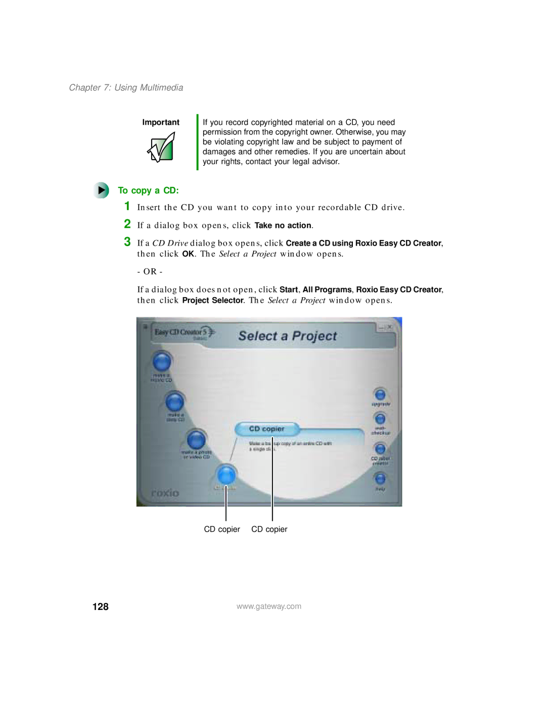 Gateway 200 manual To copy a CD, 128 