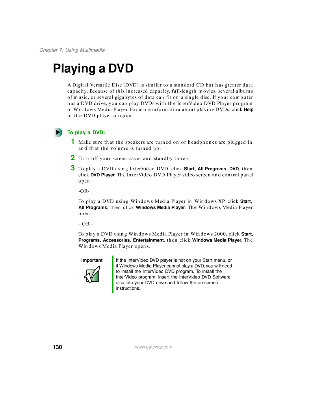 Gateway 200 manual Playing a DVD, To play a DVD, 130 