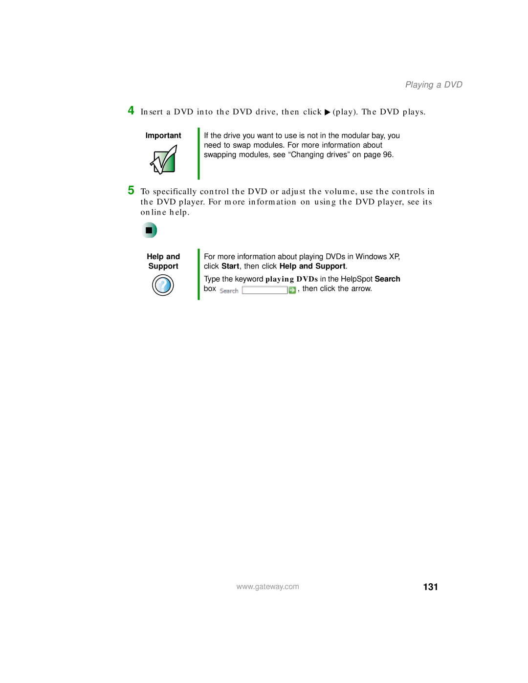 Gateway 200 manual 131, Playing a DVD 