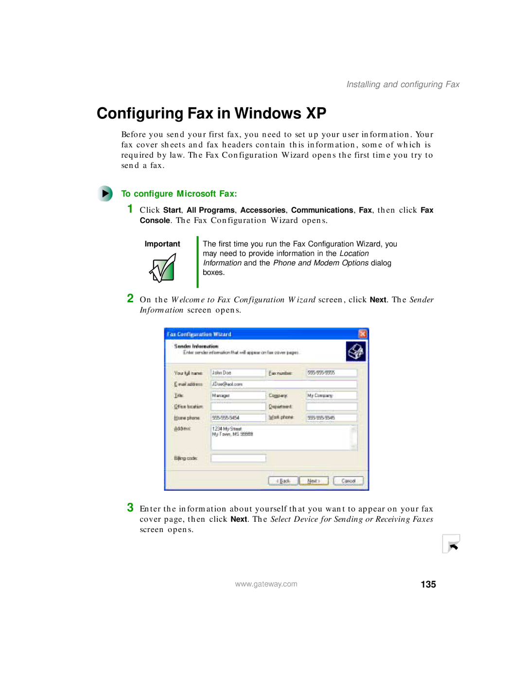 Gateway 200 manual Configuring Fax in Windows XP, To configure Microsoft Fax, 135, Installing and configuring Fax 