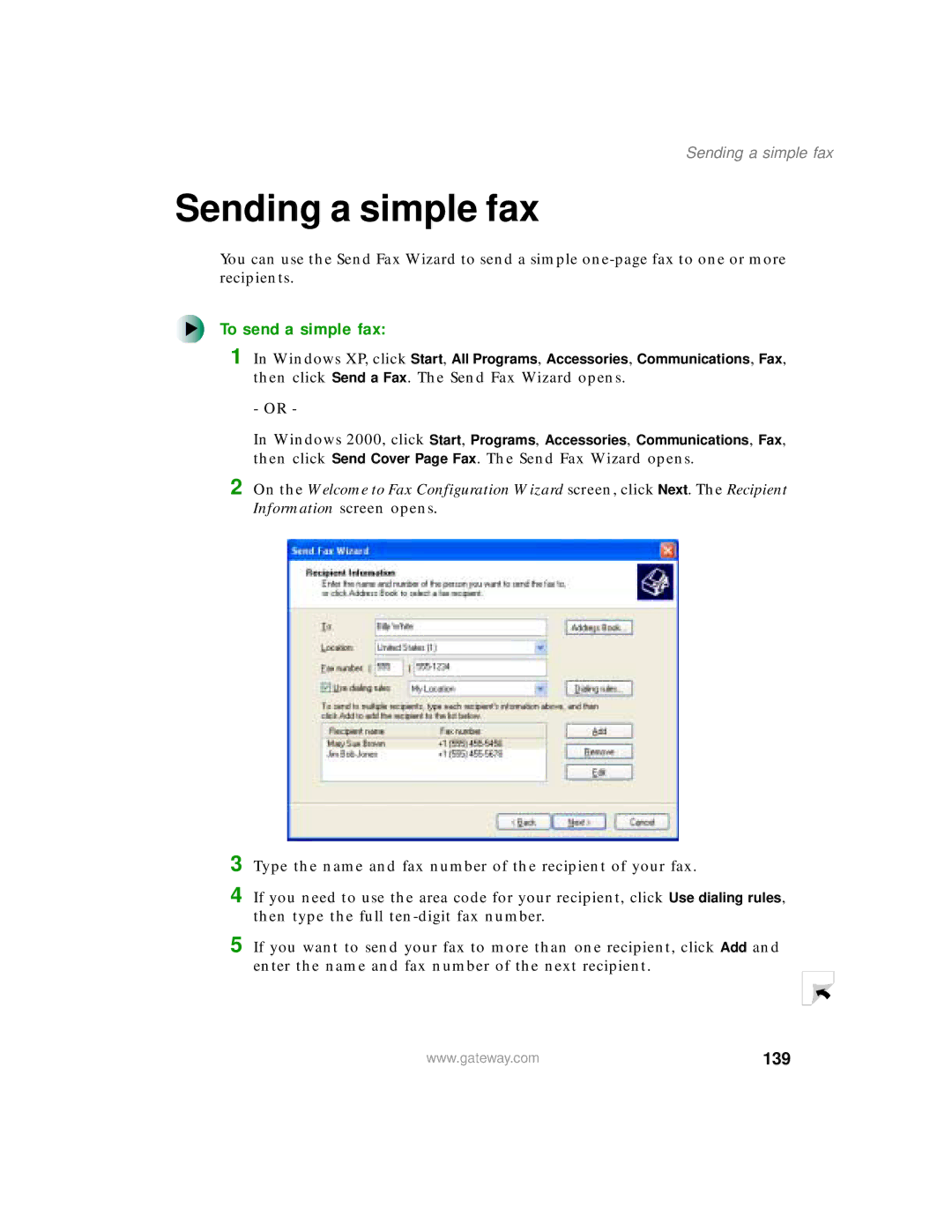 Gateway 200 manual Sending a simple fax, To send a simple fax, 139 