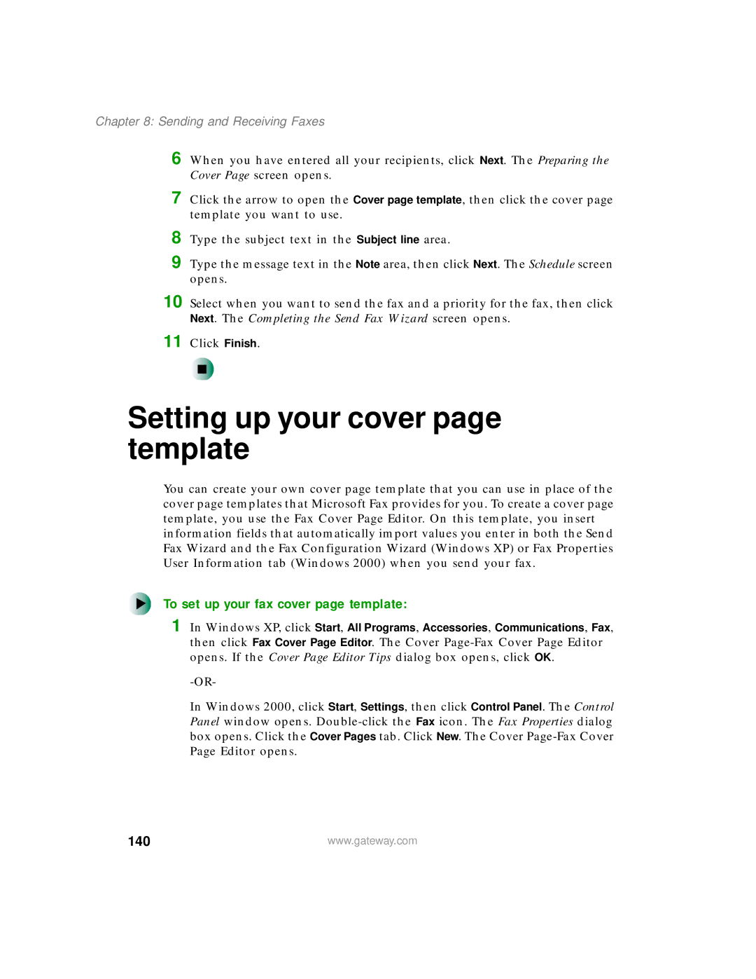 Gateway 200 manual Setting up your cover page template, To set up your fax cover page template, 140 