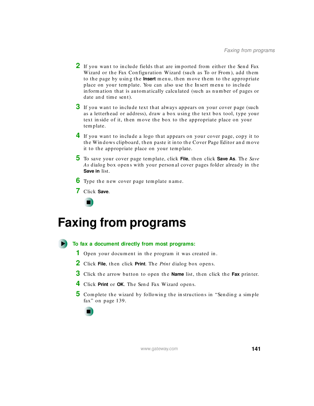 Gateway 200 manual Faxing from programs, To fax a document directly from most programs, 141 