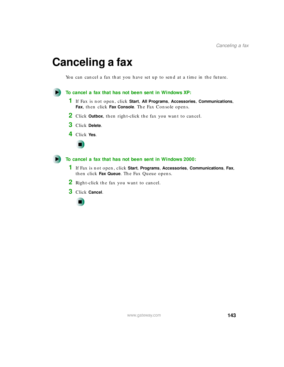 Gateway 200 manual Canceling a fax, To cancel a fax that has not been sent in Windows XP, 143 