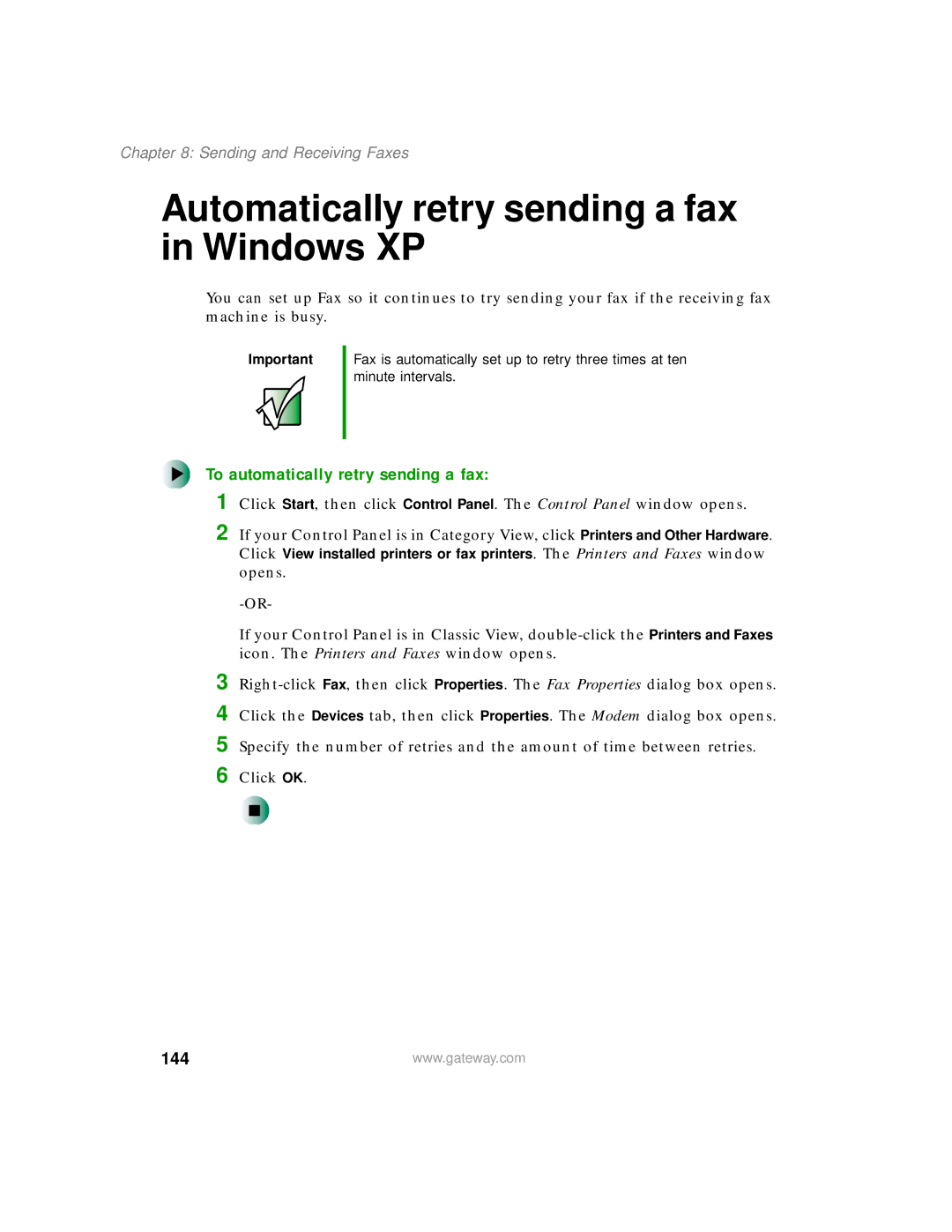 Gateway 200 manual Automatically retry sending a fax in Windows XP, To automatically retry sending a fax, 144 