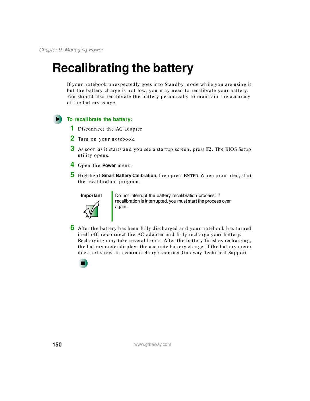 Gateway 200 manual Recalibrating the battery, To recalibrate the battery, 150 