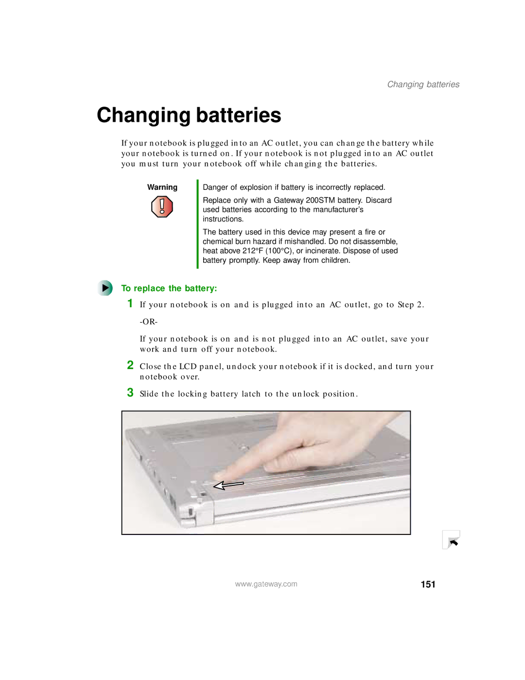 Gateway 200 manual Changing batteries, To replace the battery, 151 