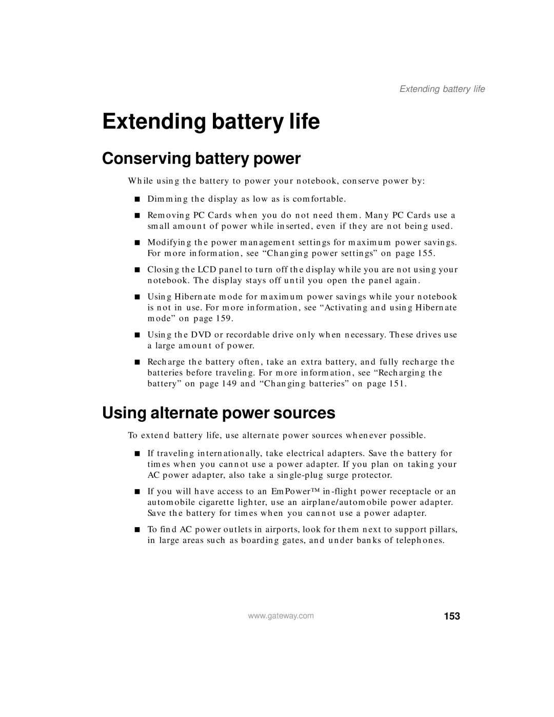 Gateway 200 manual Extending battery life, Conserving battery power, Using alternate power sources, 153 