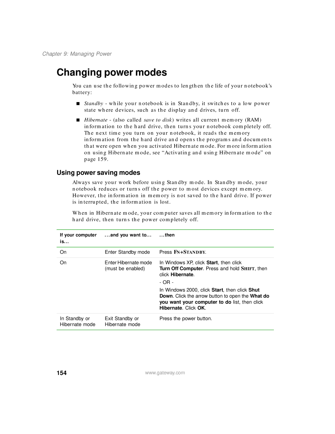 Gateway 200 manual Changing power modes, 154, If your computer You want to Then 