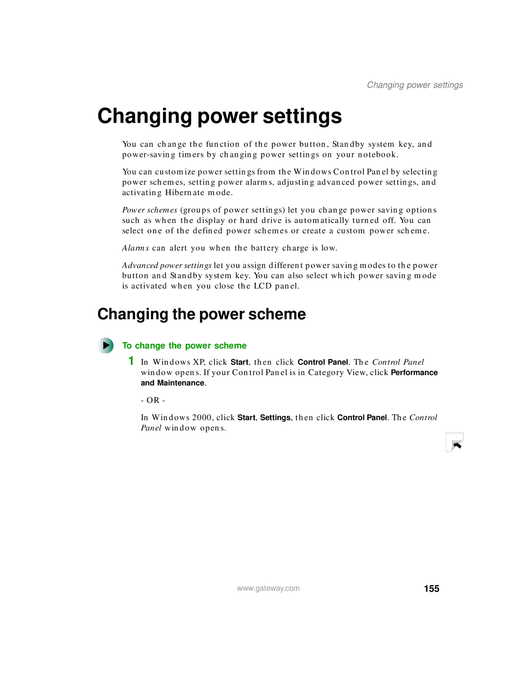 Gateway 200 manual Changing power settings, Changing the power scheme, To change the power scheme, 155 