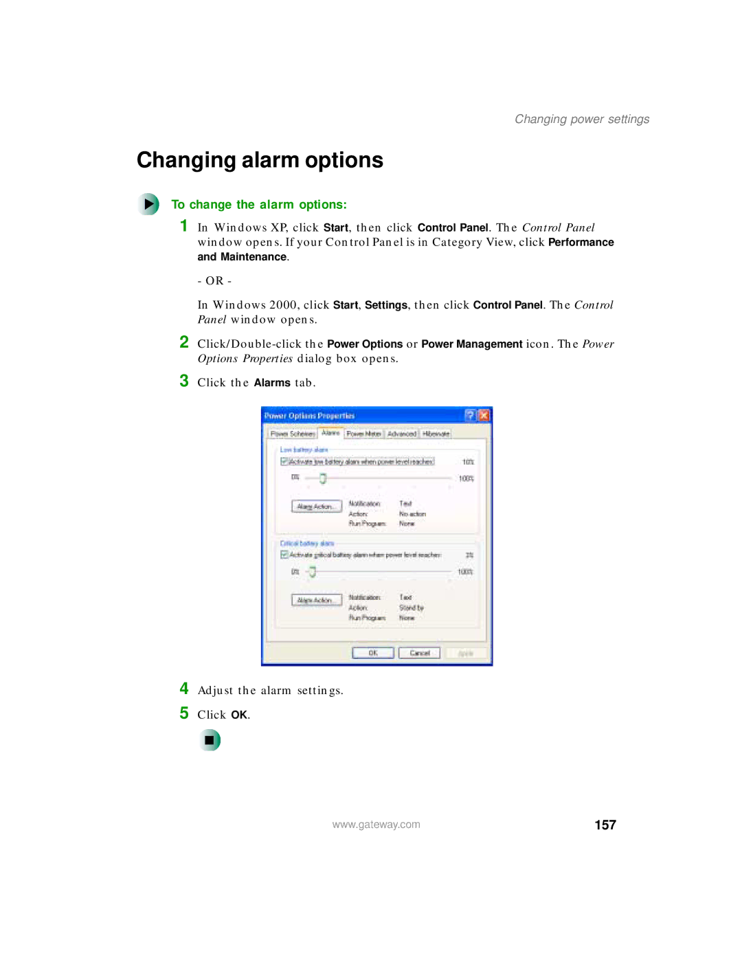 Gateway 200 manual Changing alarm options, To change the alarm options, 157 