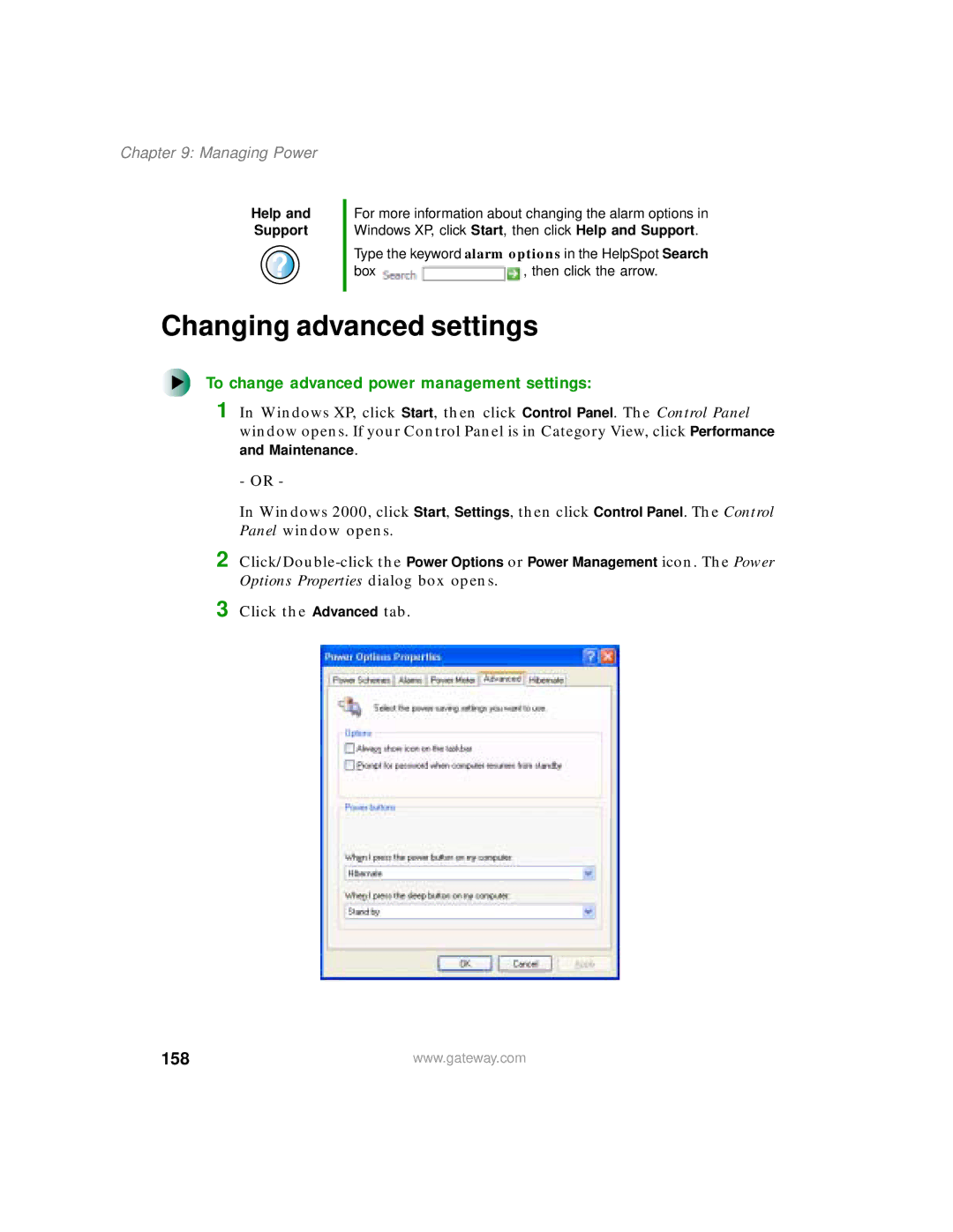 Gateway 200 manual Changing advanced settings, To change advanced power management settings, 158 