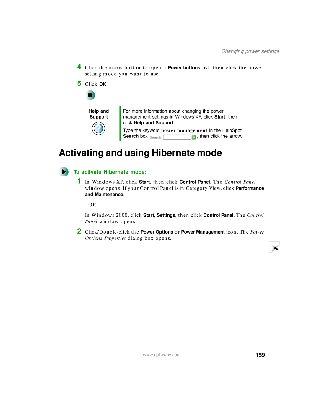 Gateway 200 manual Activating and using Hibernate mode, To activate Hibernate mode, 159 