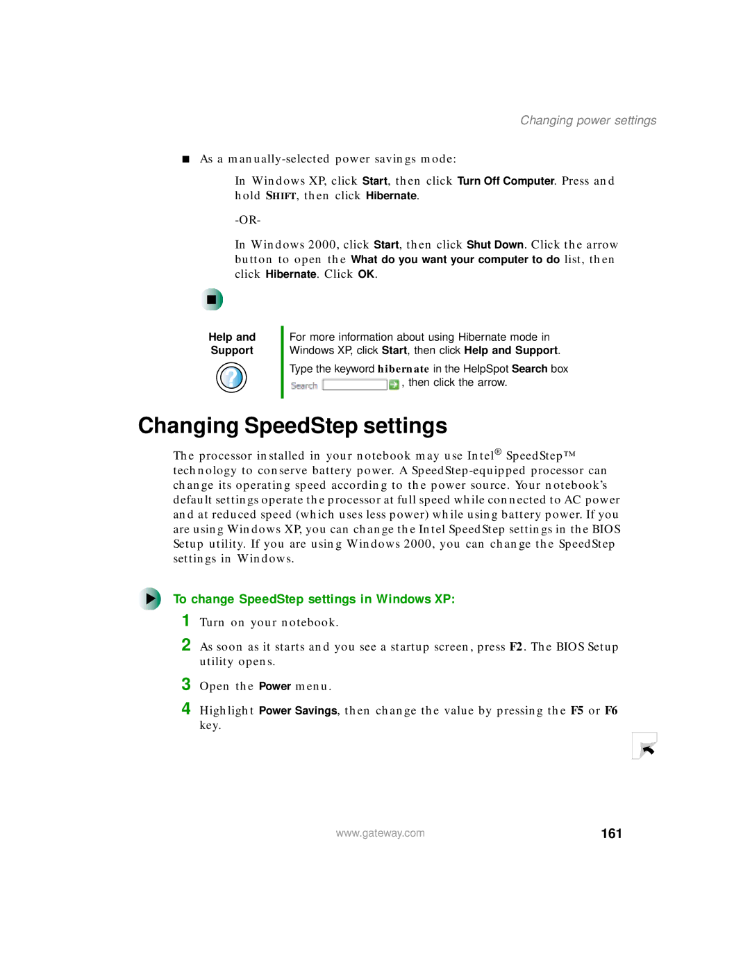 Gateway 200 manual Changing SpeedStep settings, To change SpeedStep settings in Windows XP, 161 