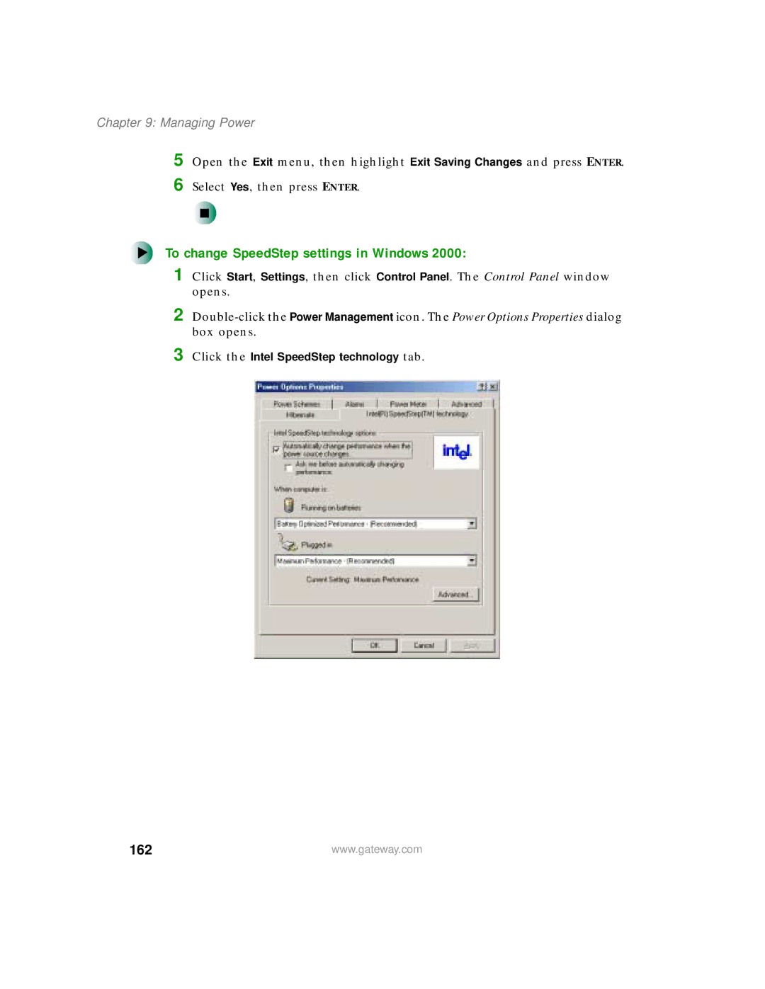 Gateway 200 manual To change SpeedStep settings in Windows, 162 