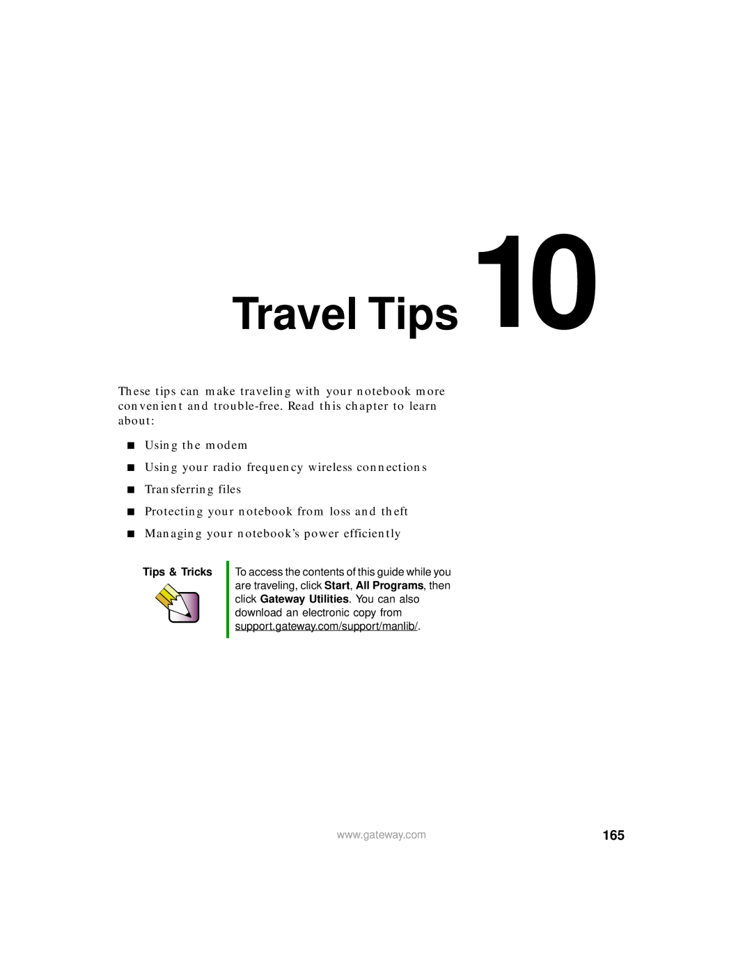 Gateway 200 manual Travel Tips, 165 