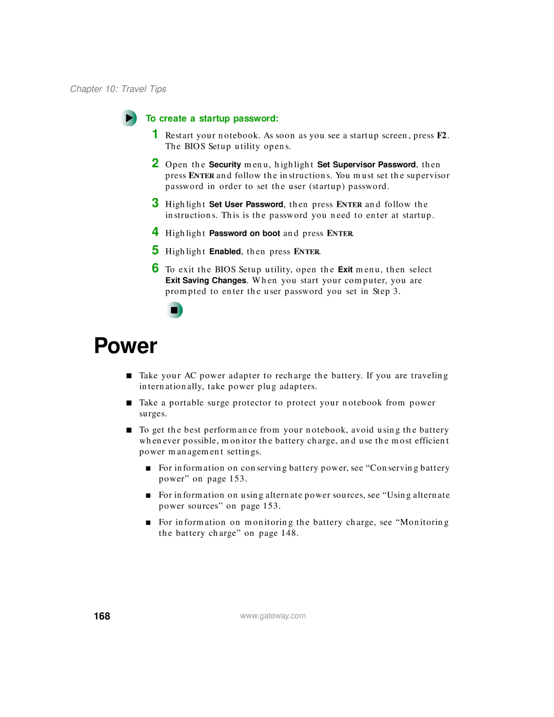 Gateway 200 manual Power, To create a startup password, 168 