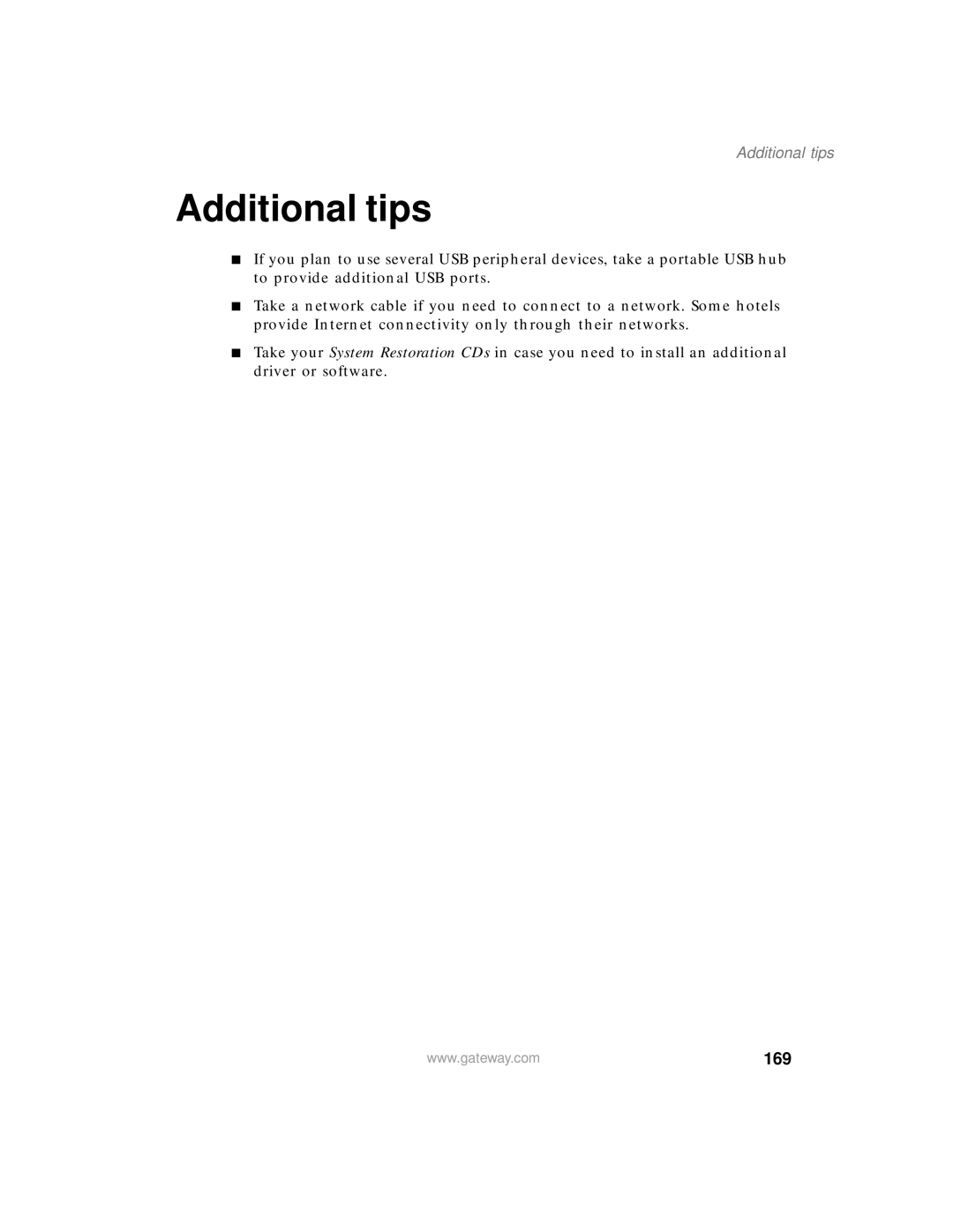 Gateway 200 manual Additional tips, 169 