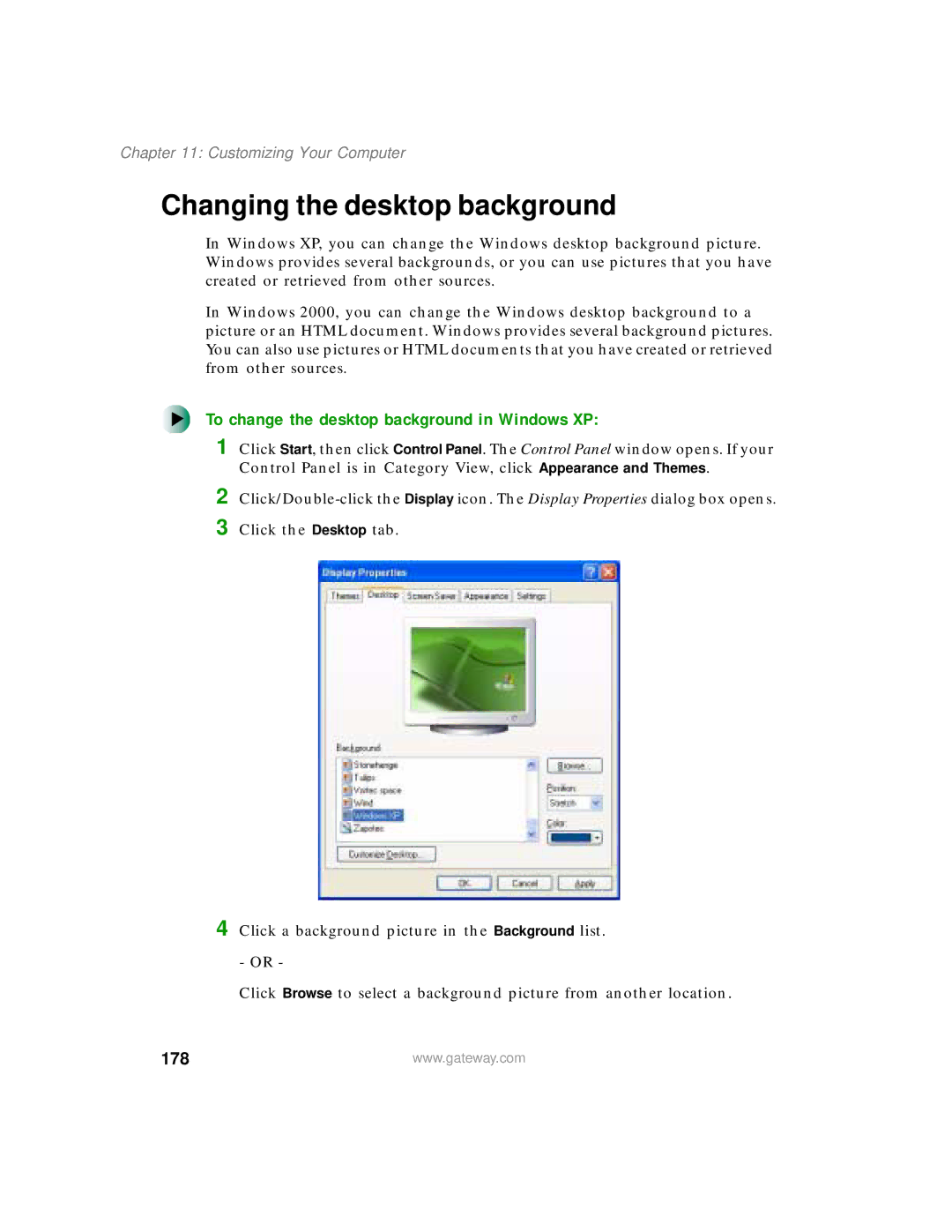 Gateway 200 manual Changing the desktop background, To change the desktop background in Windows XP, 178 