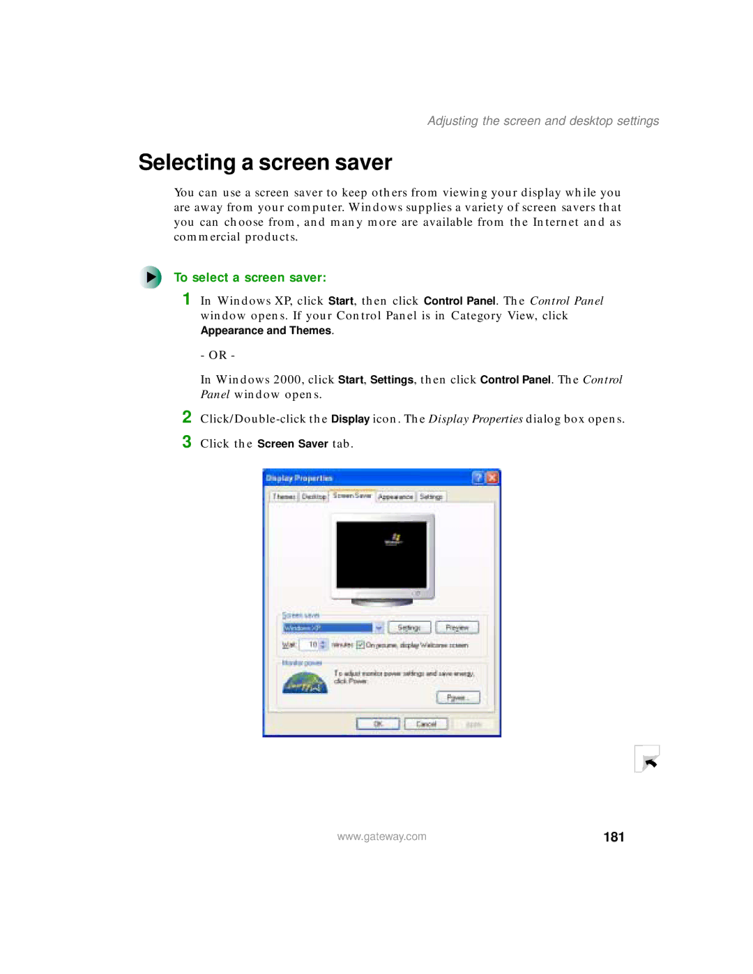 Gateway 200 manual Selecting a screen saver, To select a screen saver, 181 