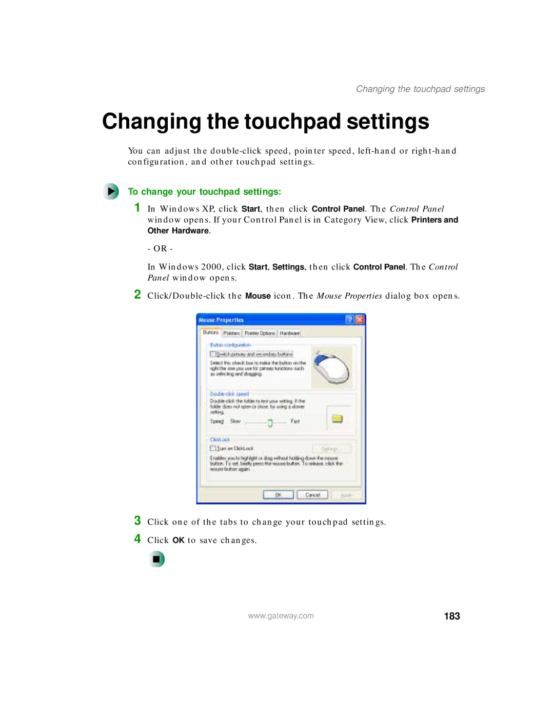 Gateway 200 manual Changing the touchpad settings, To change your touchpad settings, 183 