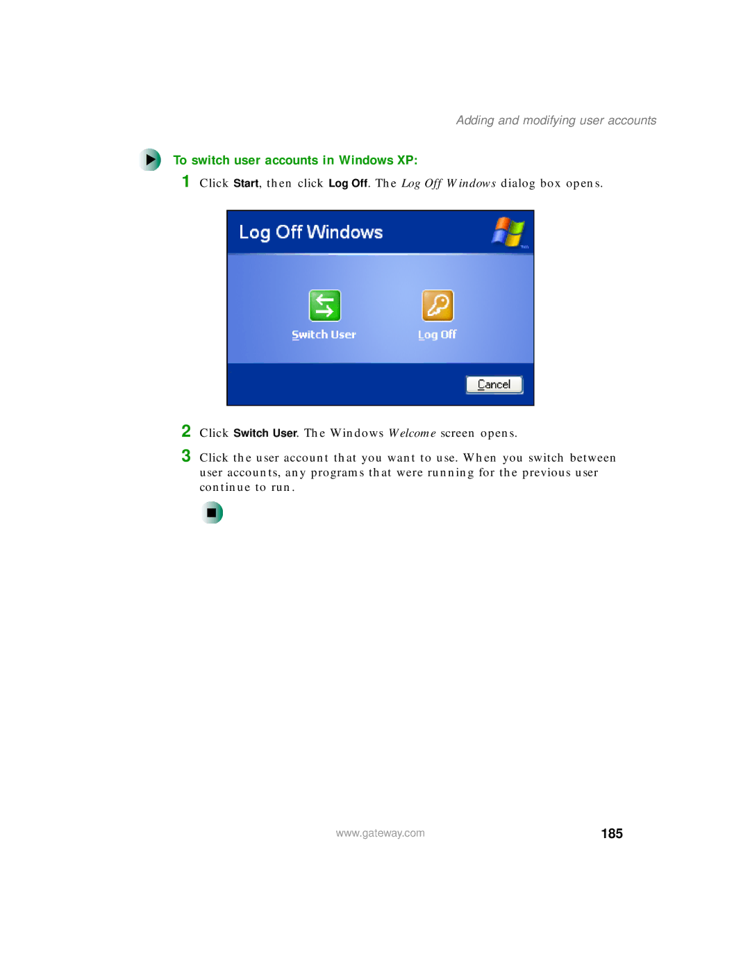 Gateway 200 manual To switch user accounts in Windows XP, 185, Adding and modifying user accounts 