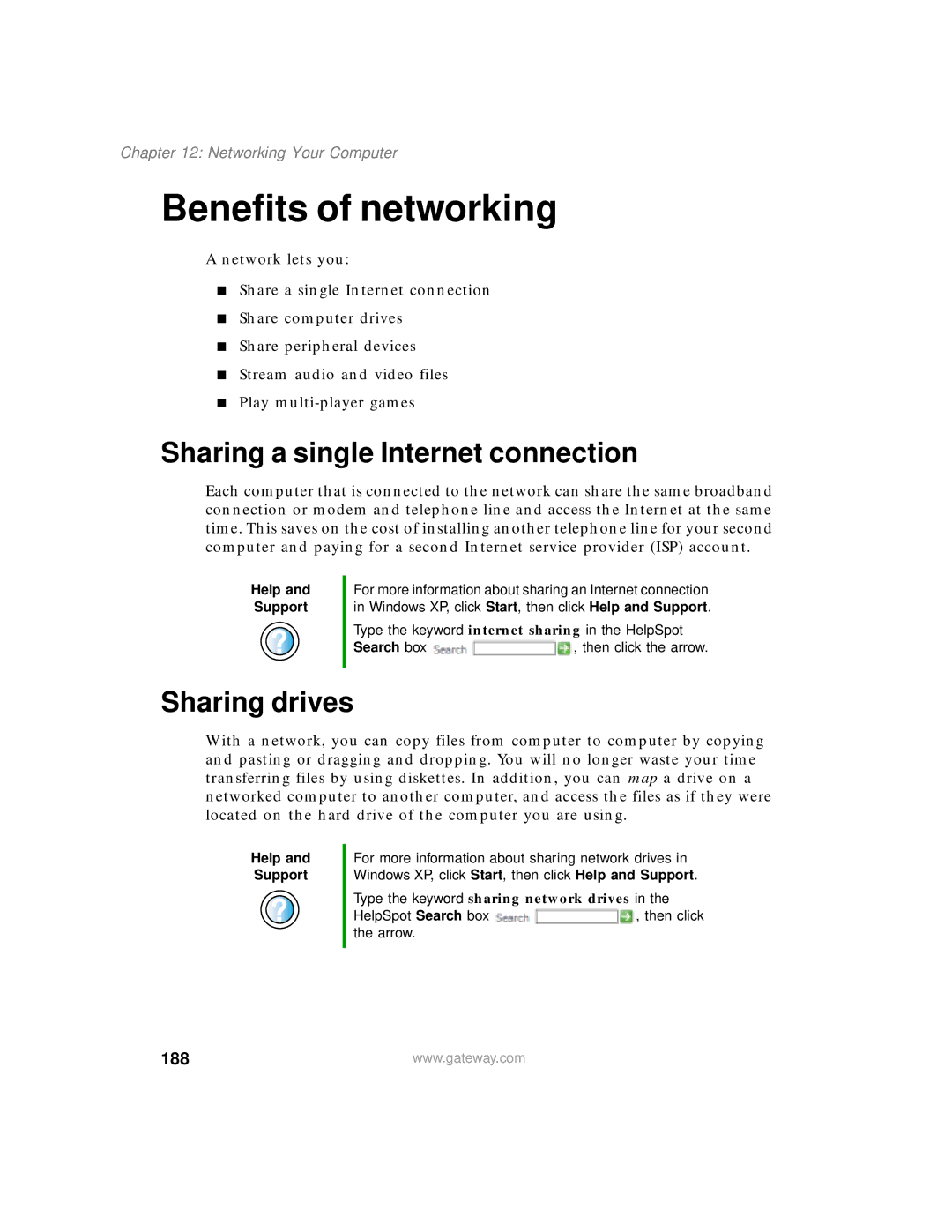 Gateway 200 Benefits of networking, Sharing a single Internet connection, Sharing drives, 188, Networking Your Computer 