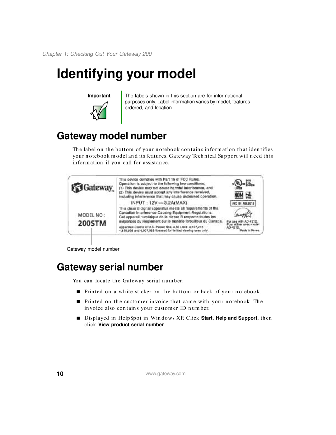 Gateway 200 manual Identifying your model, Gateway model number, Gateway serial number 