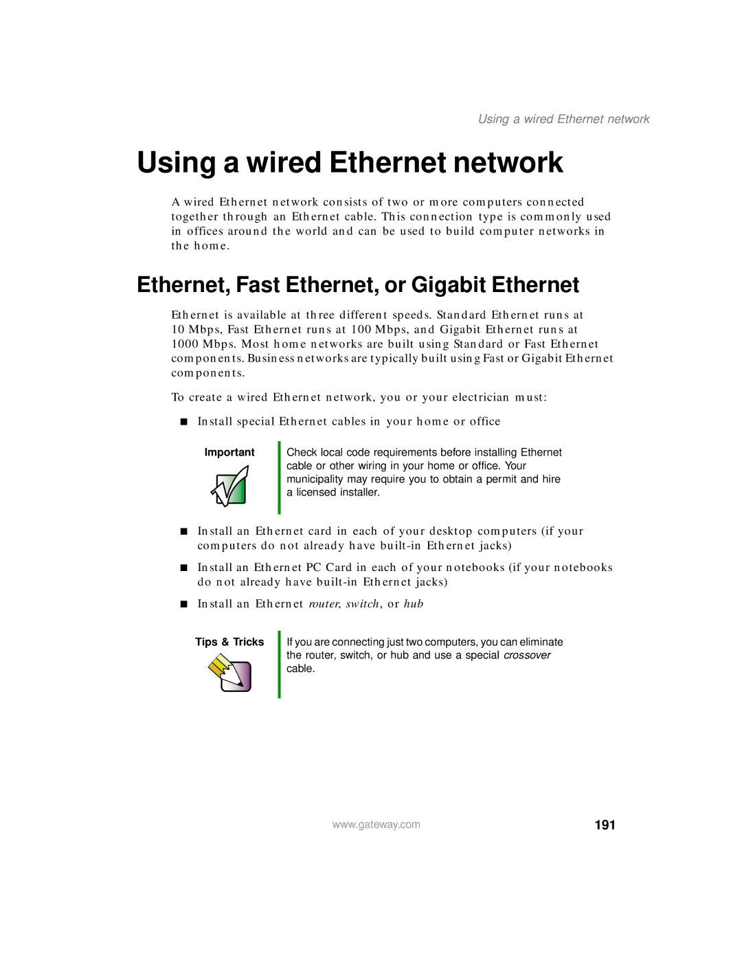 Gateway 200 manual Using a wired Ethernet network, Ethernet, Fast Ethernet, or Gigabit Ethernet, 191 