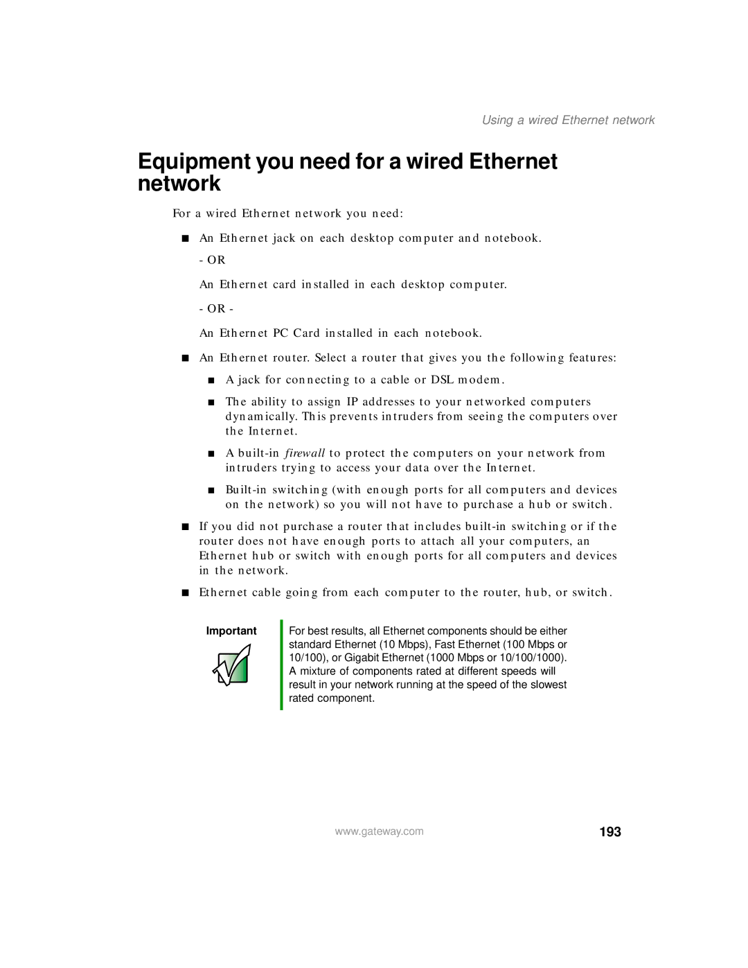 Gateway 200 manual Equipment you need for a wired Ethernet network, 193 