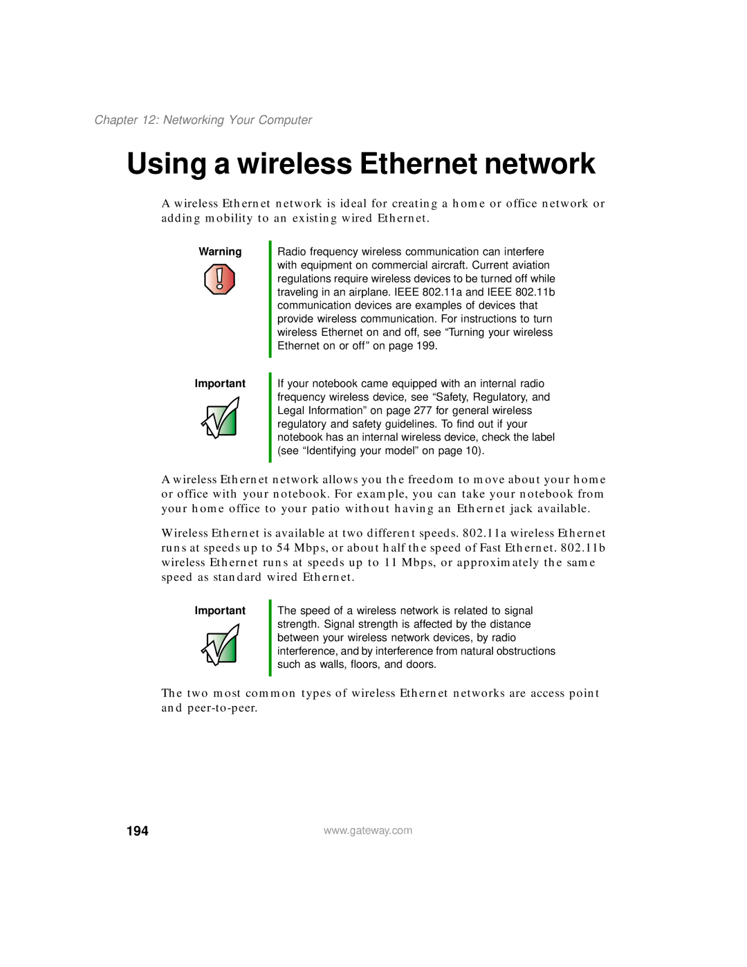 Gateway 200 manual Using a wireless Ethernet network, 194 