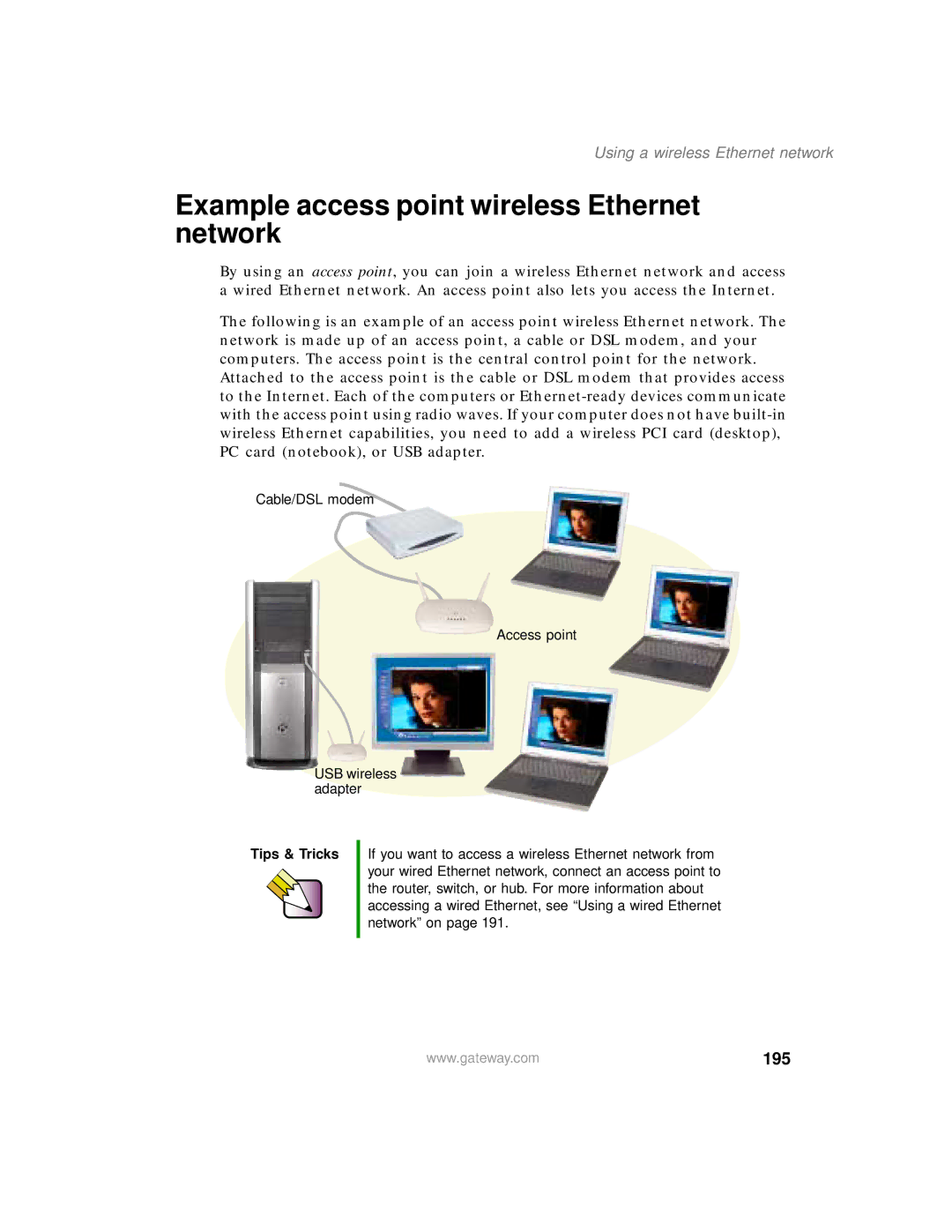 Gateway 200 manual Example access point wireless Ethernet network, 195, Using a wireless Ethernet network 