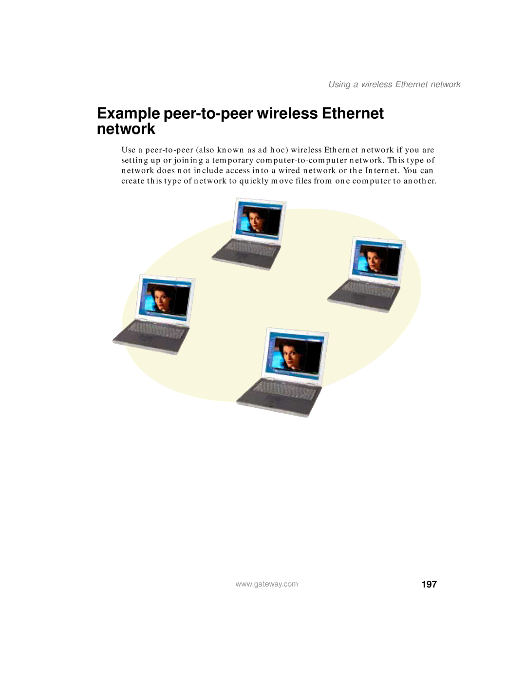 Gateway 200 manual Example peer-to-peer wireless Ethernet network, 197 