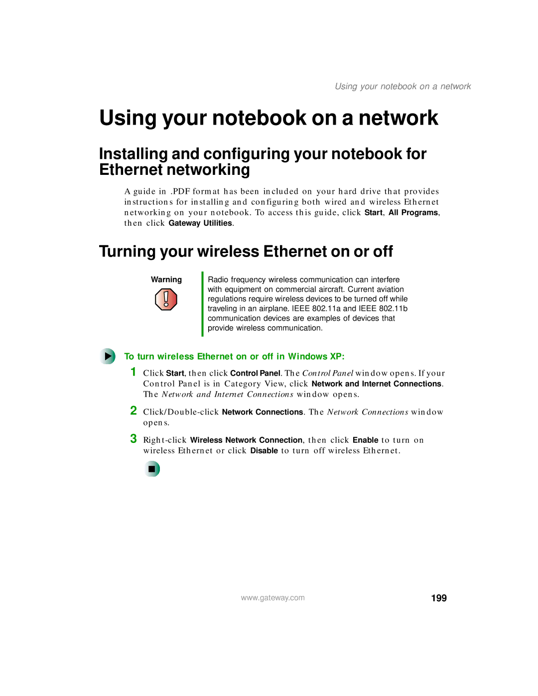 Gateway 200 manual Using your notebook on a network, To turn wireless Ethernet on or off in Windows XP, 199 