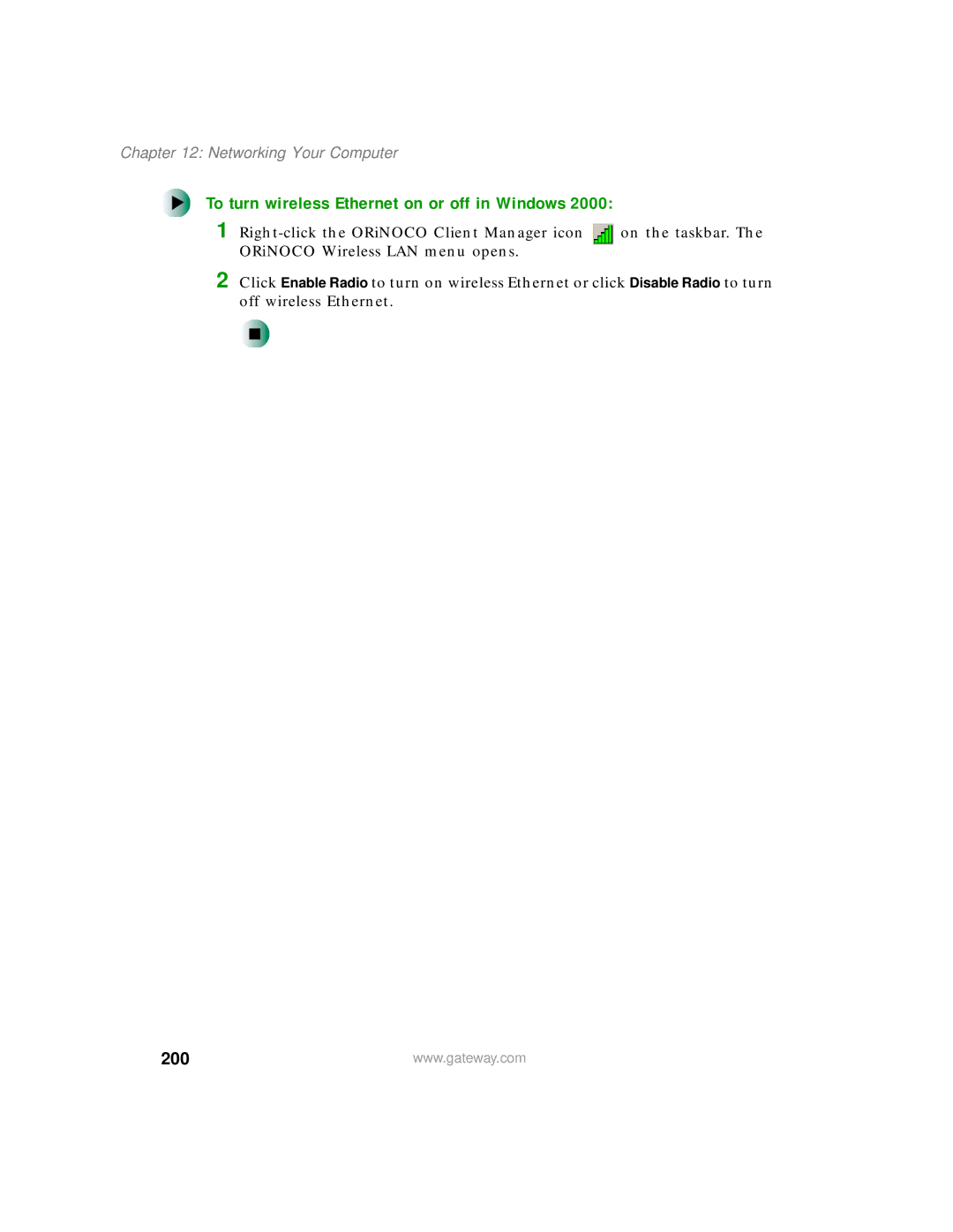 Gateway 200 manual To turn wireless Ethernet on or off in Windows 