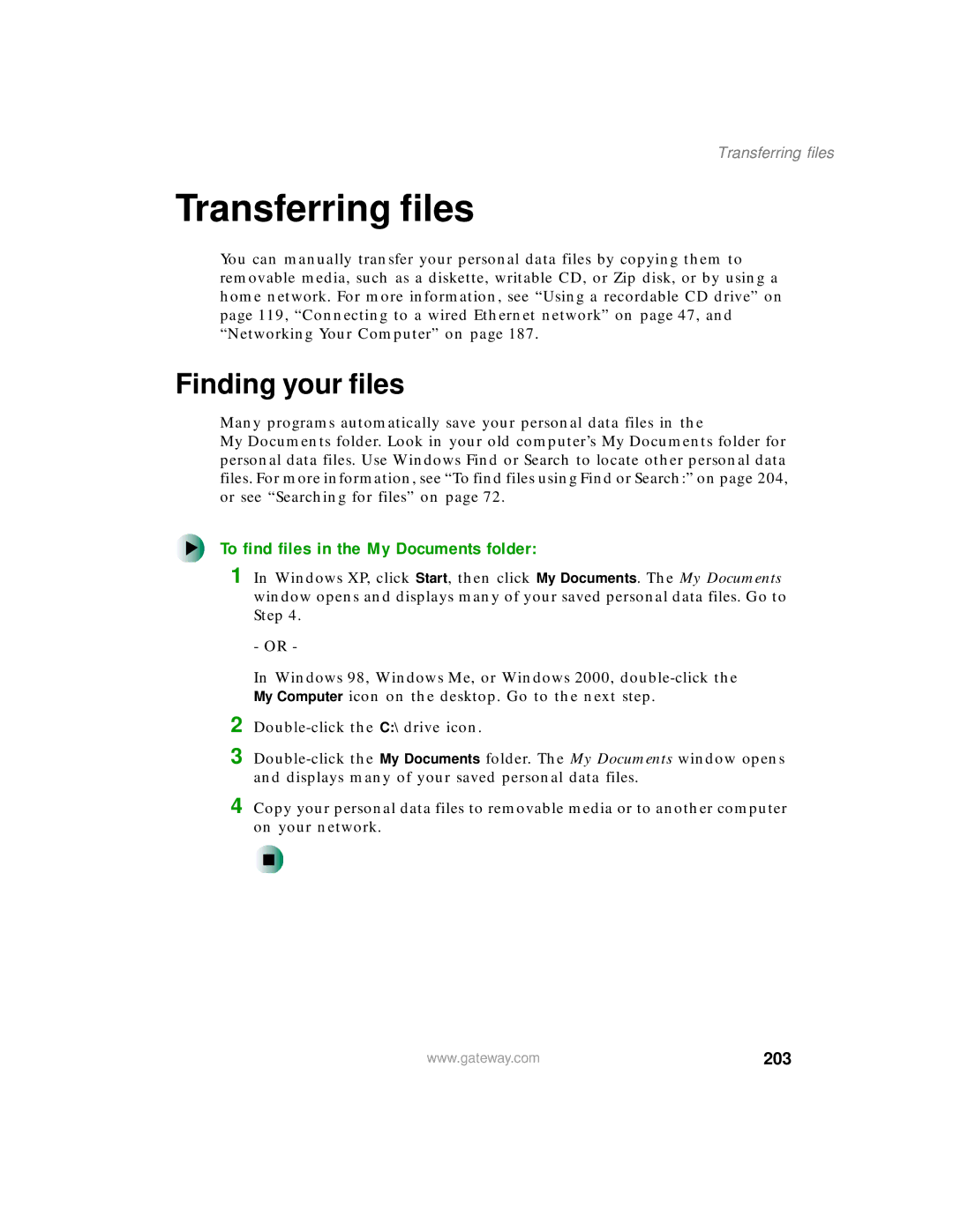 Gateway 200 manual Transferring files, Finding your files, To find files in the My Documents folder, 203 