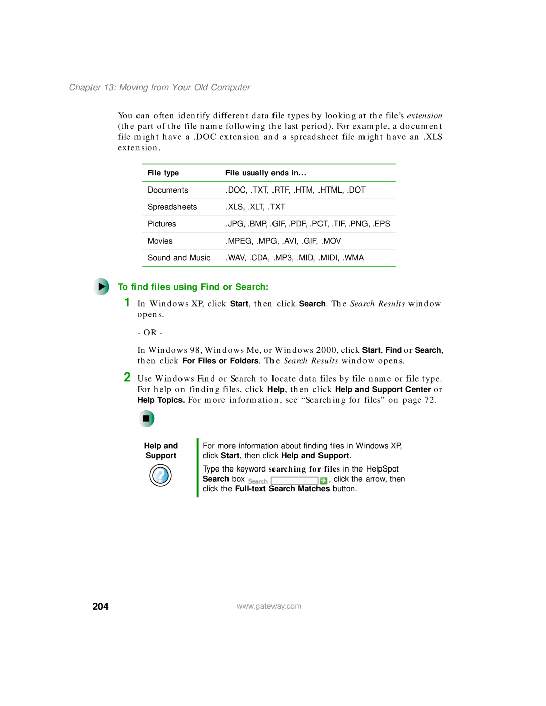 Gateway 200 manual To find files using Find or Search, 204, File type File usually ends 