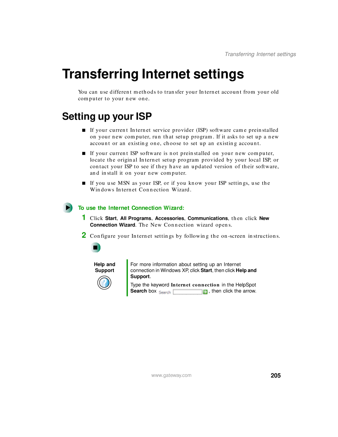 Gateway 200 manual Transferring Internet settings, Setting up your ISP, To use the Internet Connection Wizard, 205 