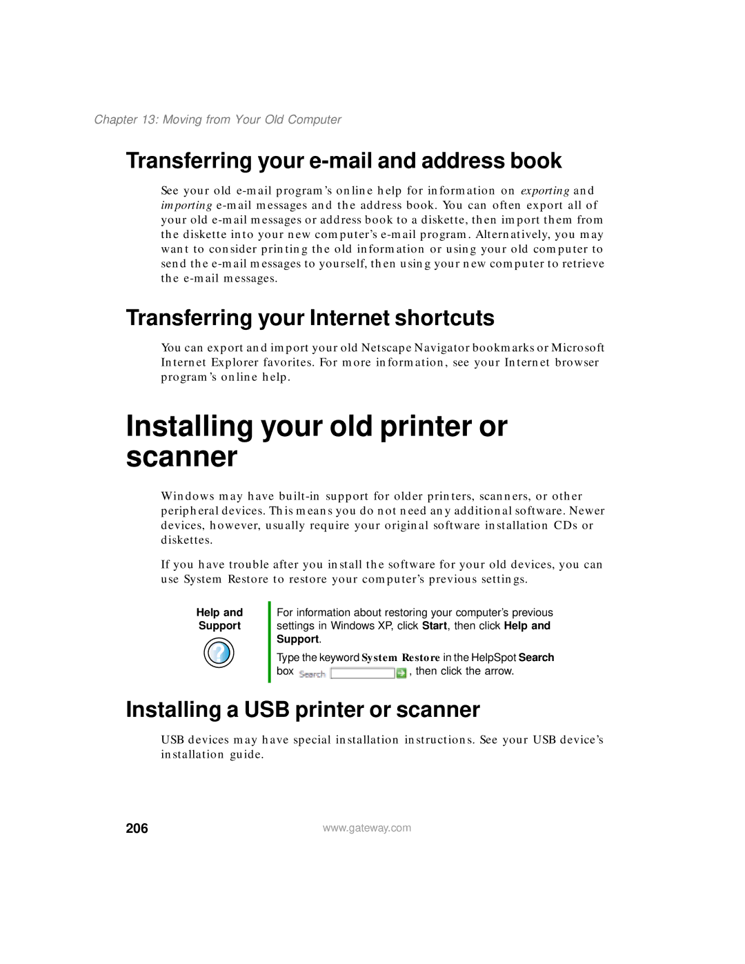 Gateway 200 manual Installing your old printer or scanner, Transferring your e-mail and address book, 206 