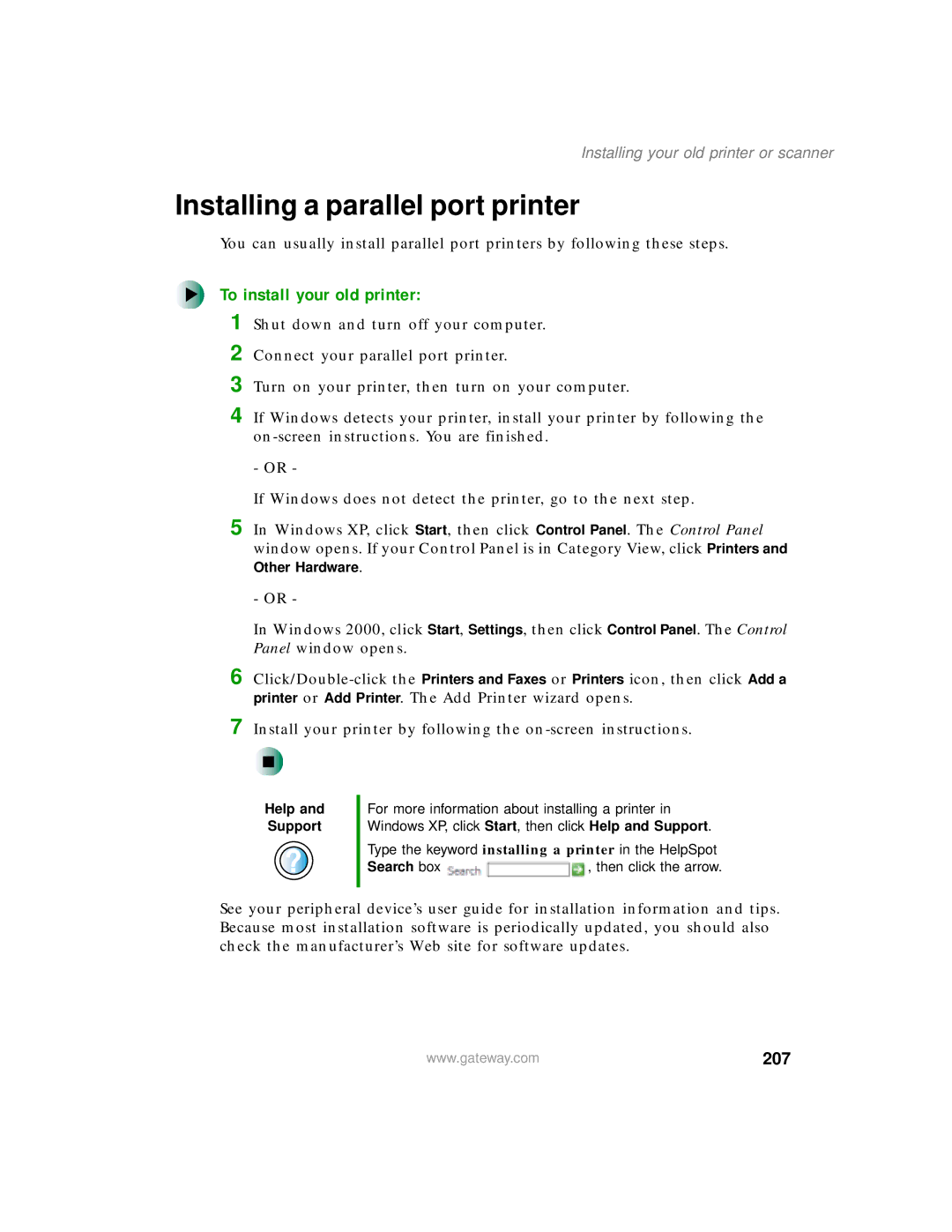 Gateway 200 Installing a parallel port printer, To install your old printer, 207, Installing your old printer or scanner 