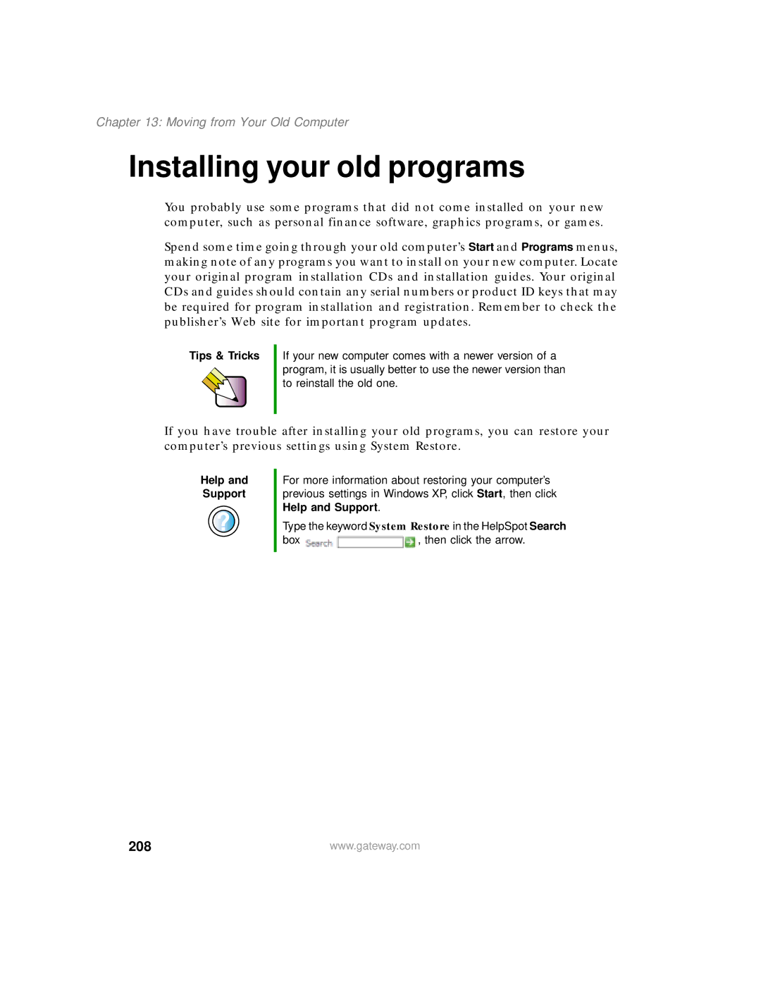 Gateway 200 manual Installing your old programs, 208 