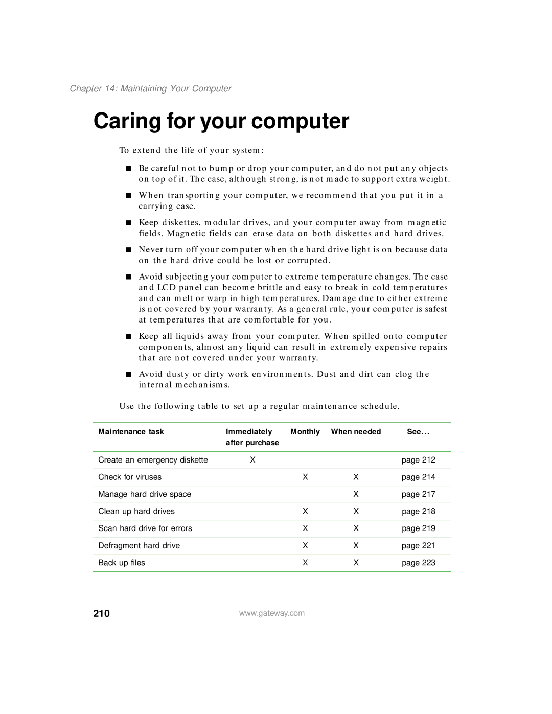 Gateway 200 manual Caring for your computer, 210, Maintaining Your Computer, Maintenance task Immediately, After purchase 