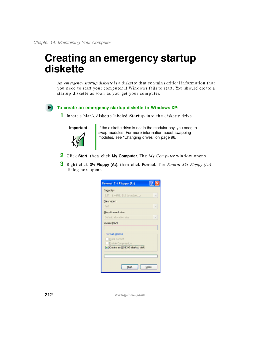 Gateway 200 manual Creating an emergency startup diskette, To create an emergency startup diskette in Windows XP, 212 